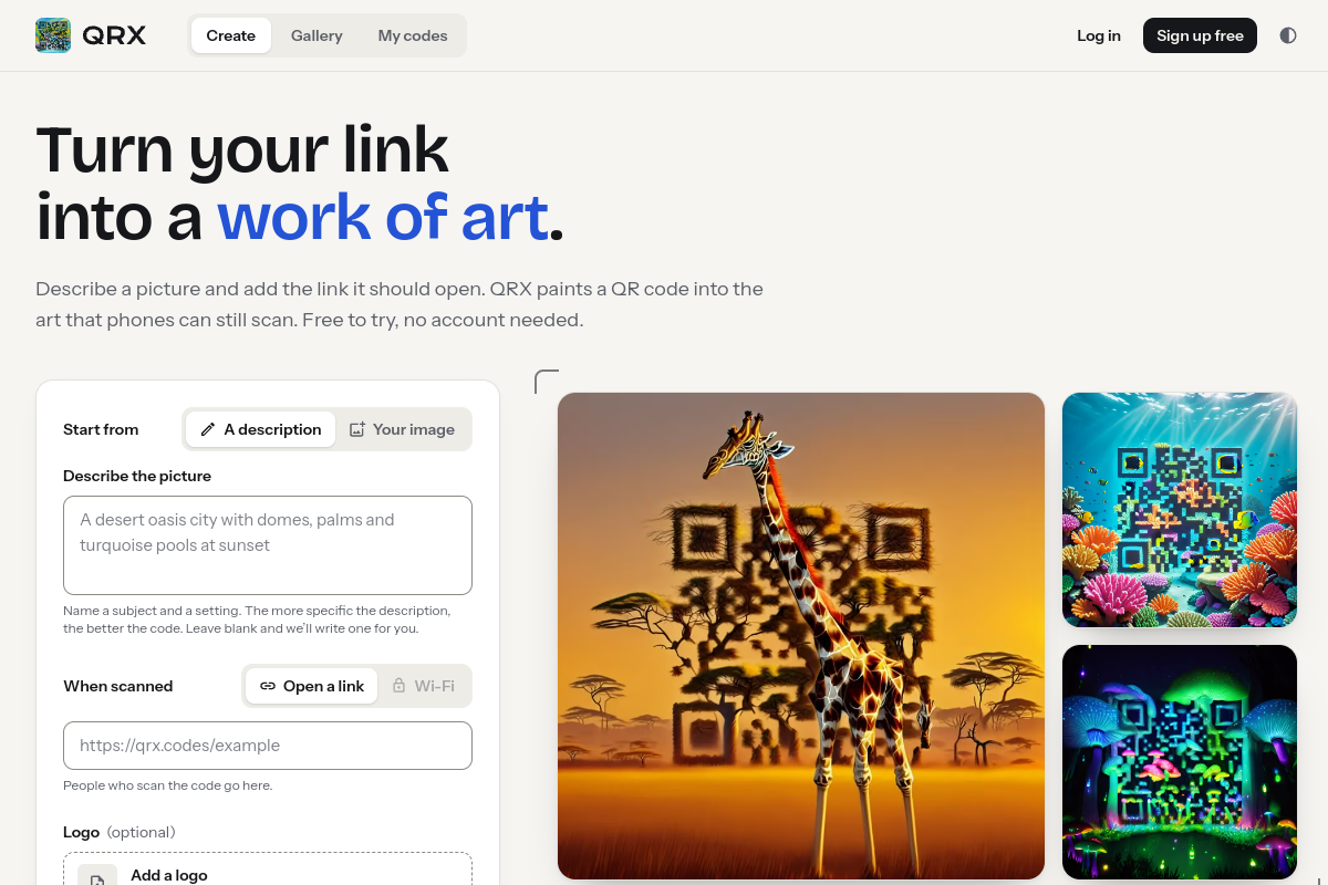 Screenshot of the QRX Codes website