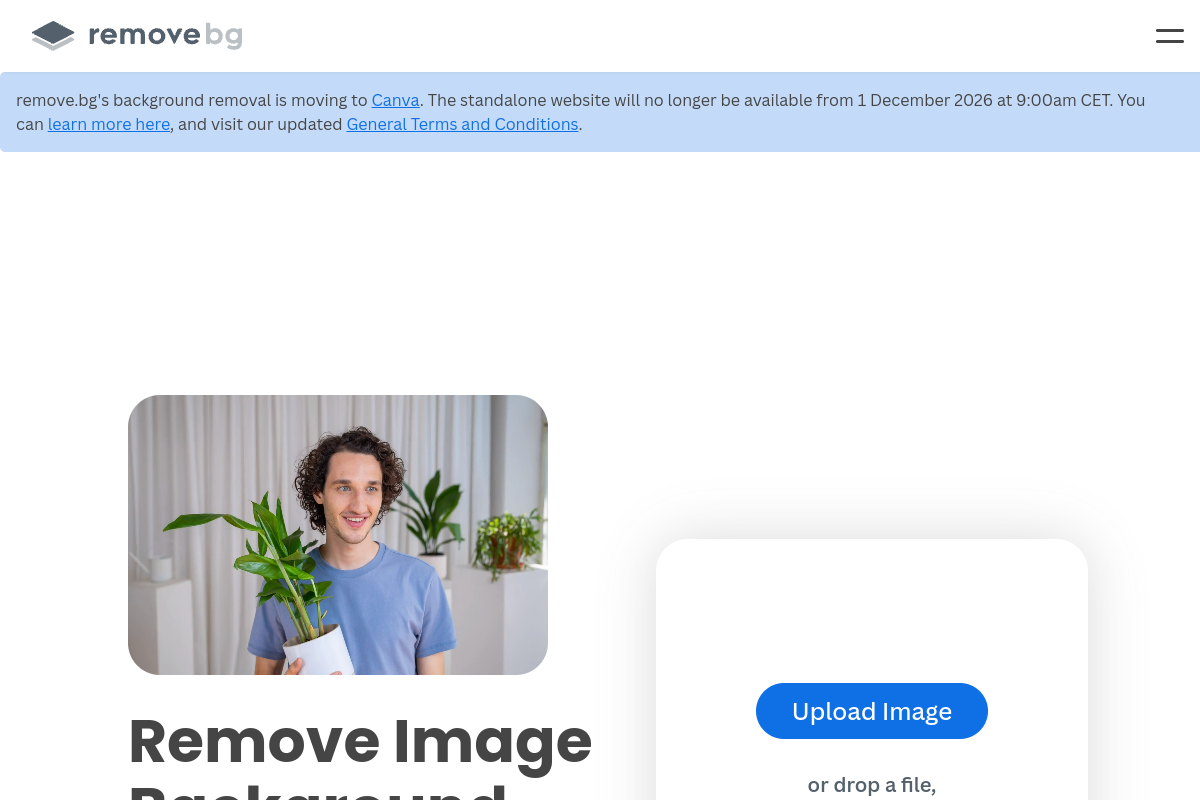 Screenshot of the remove.bg website