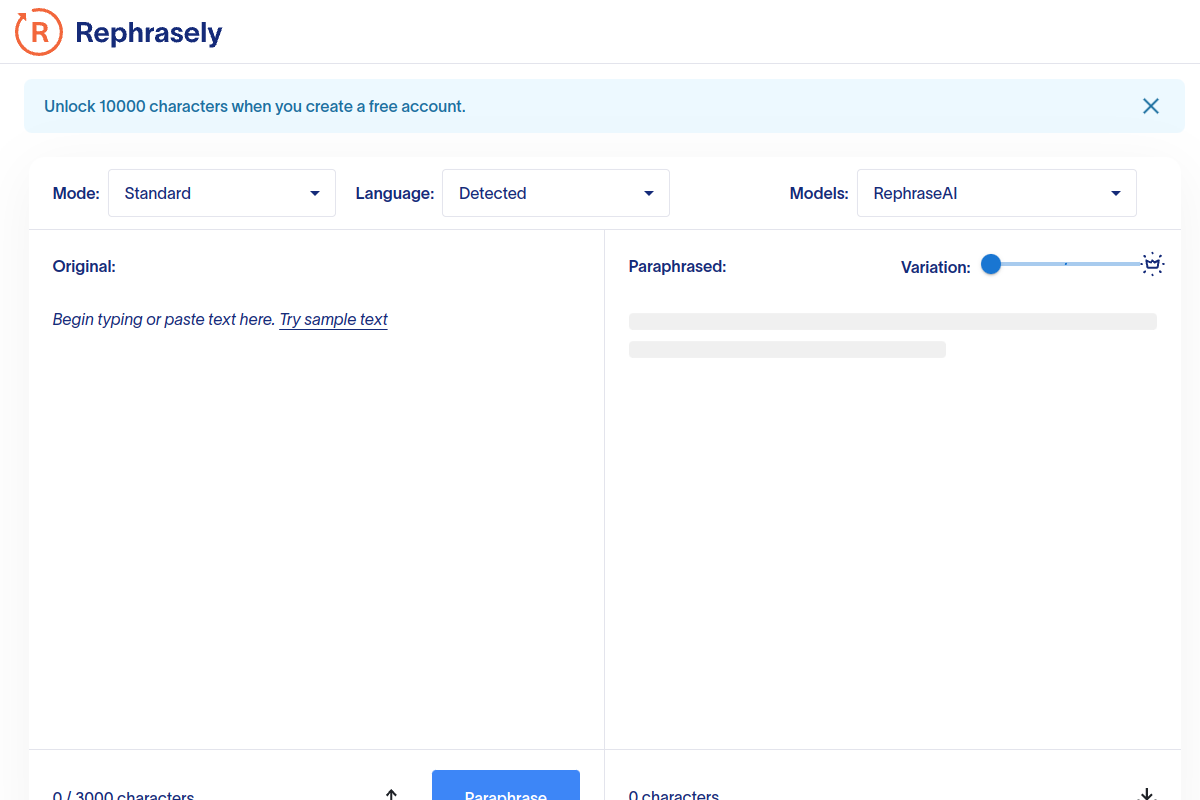 Screenshot of the Rephrasely website