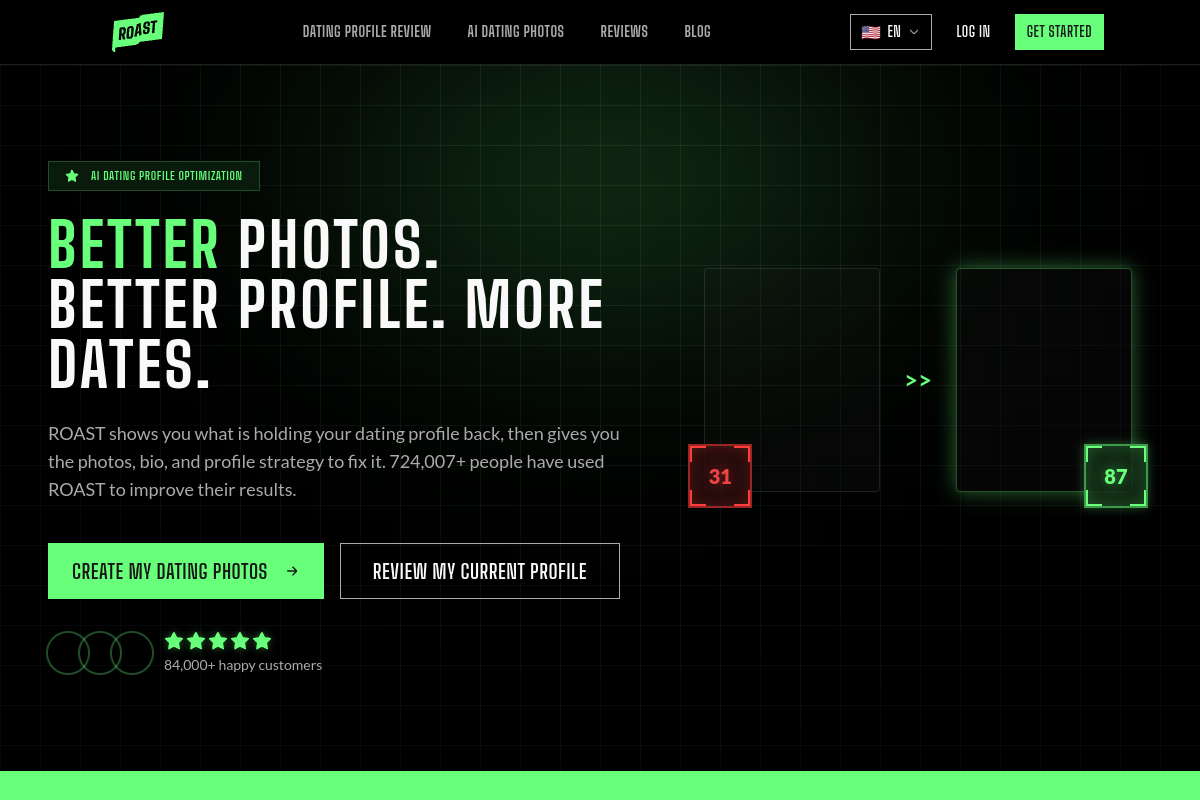 Screenshot of the Roast Dating website