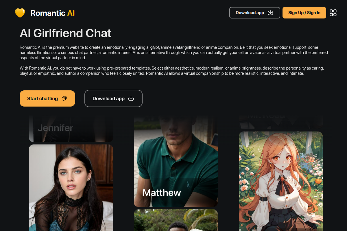 Screenshot of the RomanticAI website