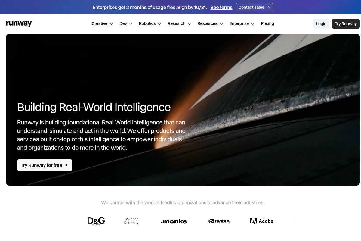 Screenshot of the Runway website
