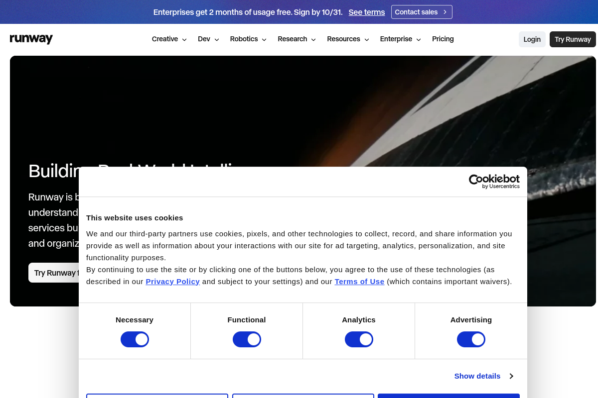 Screenshot of the Runway ML website