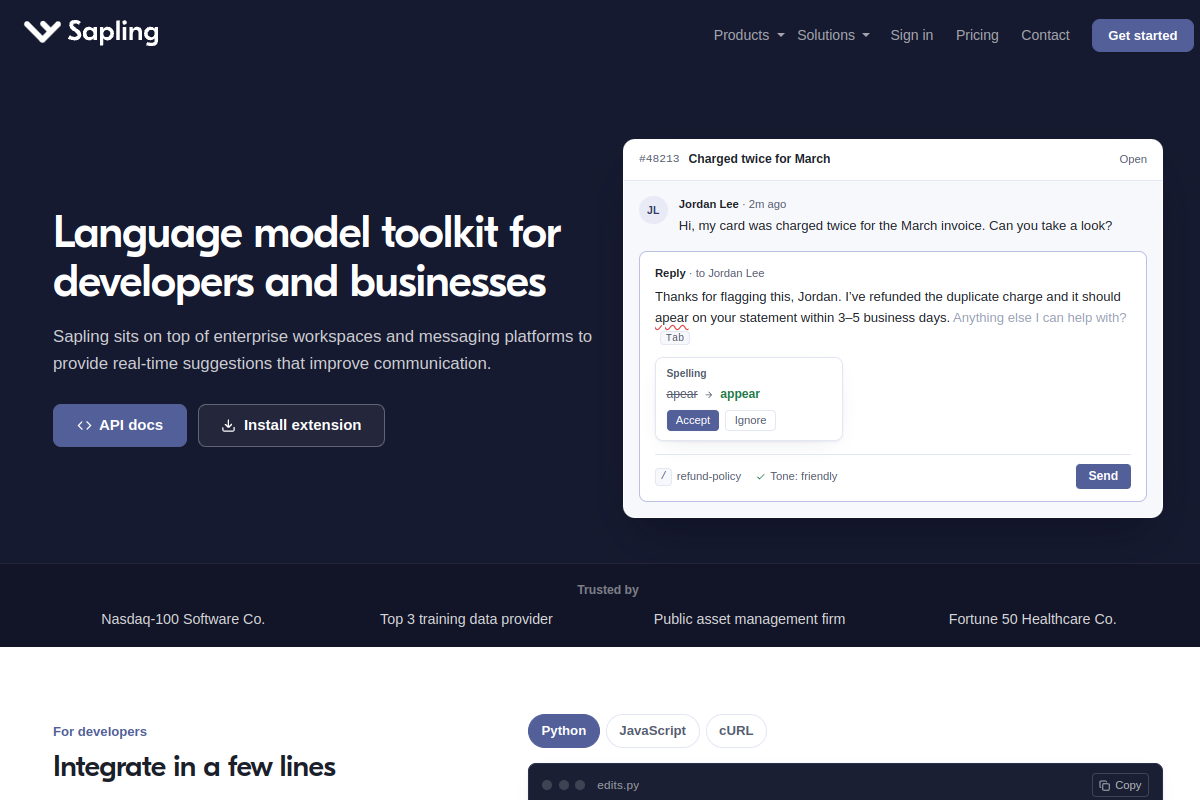 Screenshot of the Sapling website