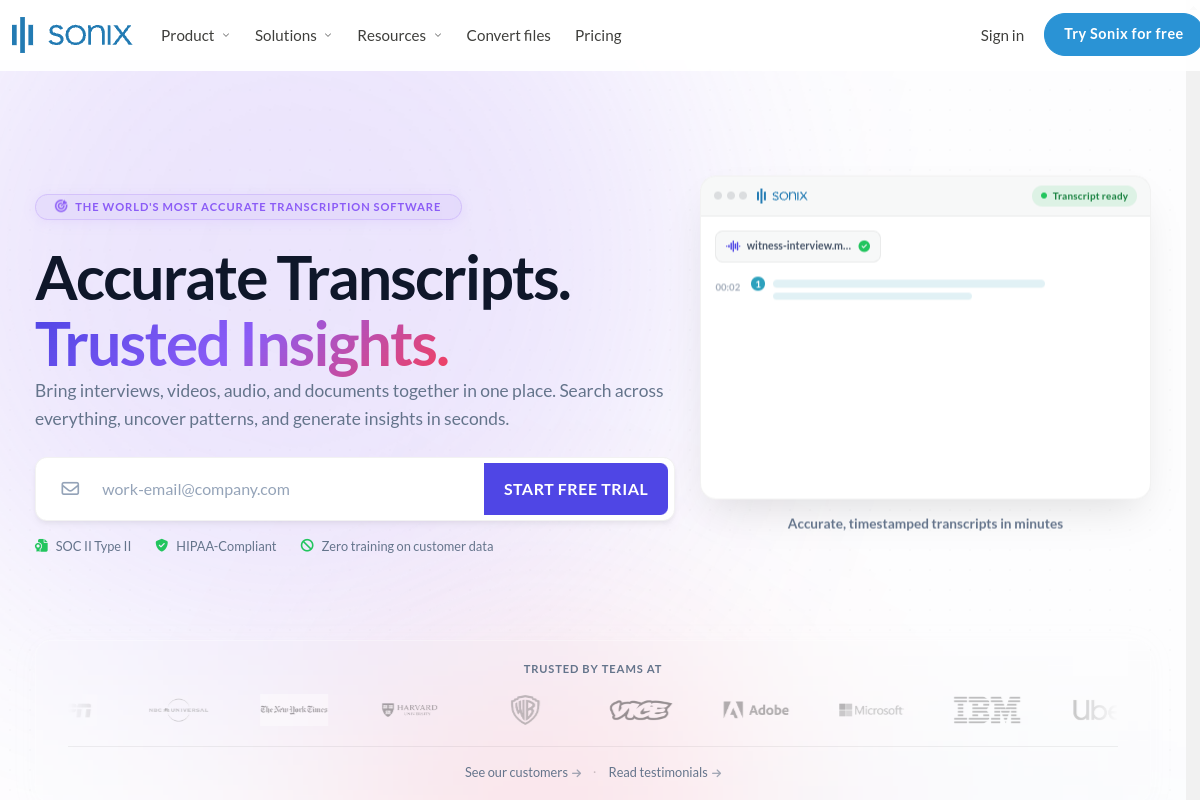 Screenshot of the Sonix website