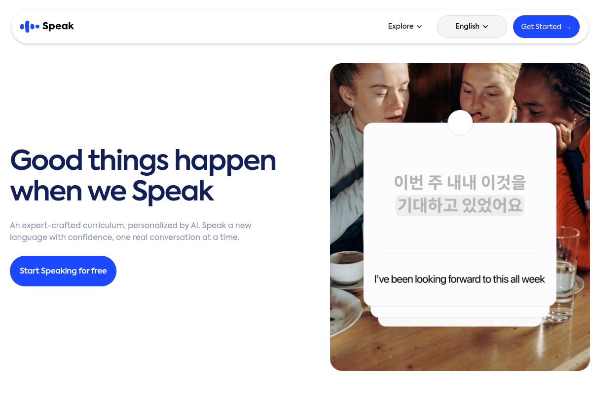 Screenshot of the Speak website