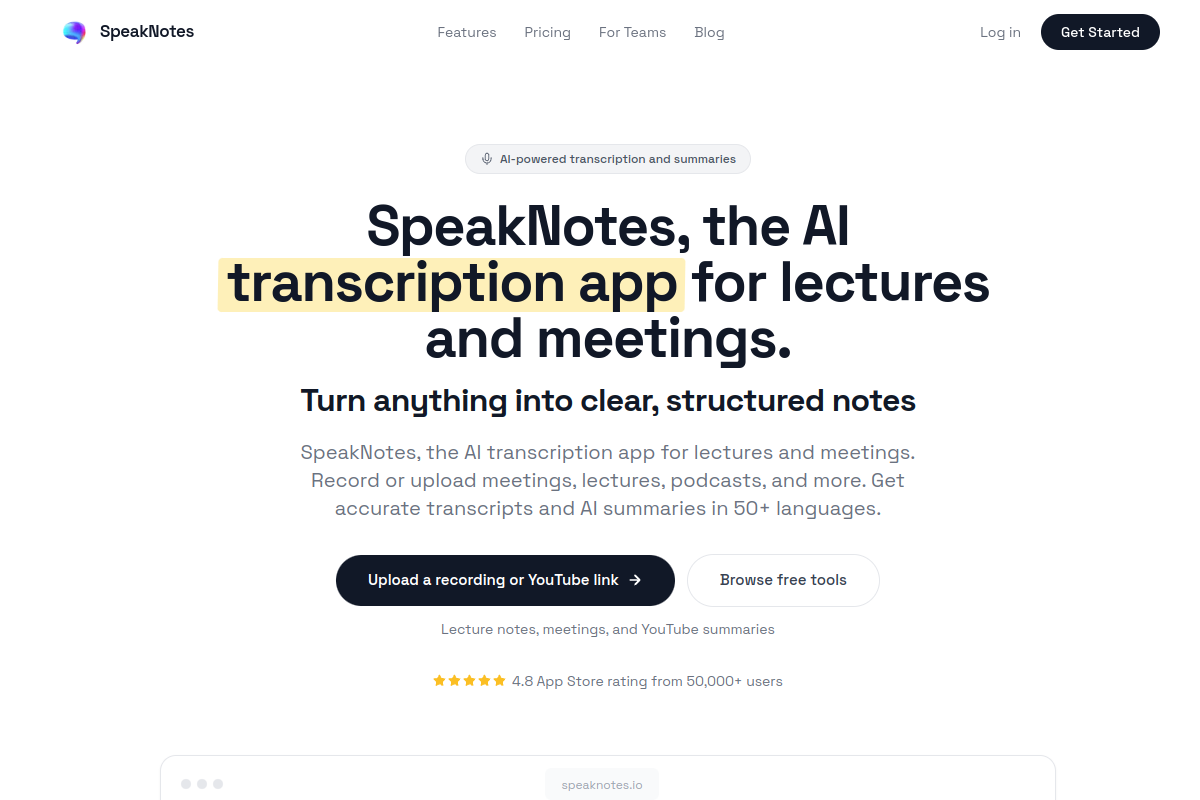 Screenshot of the SpeakNotes website