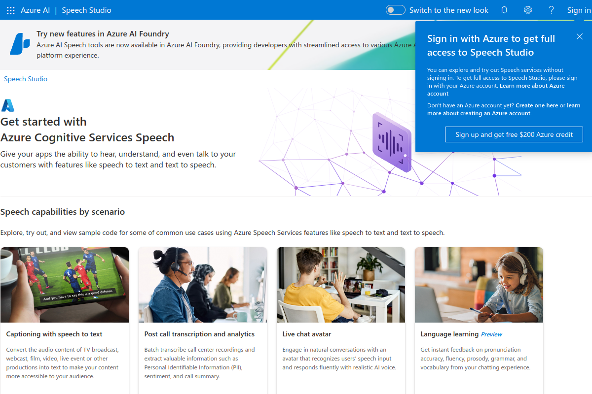 Screenshot of the Speech Studio website