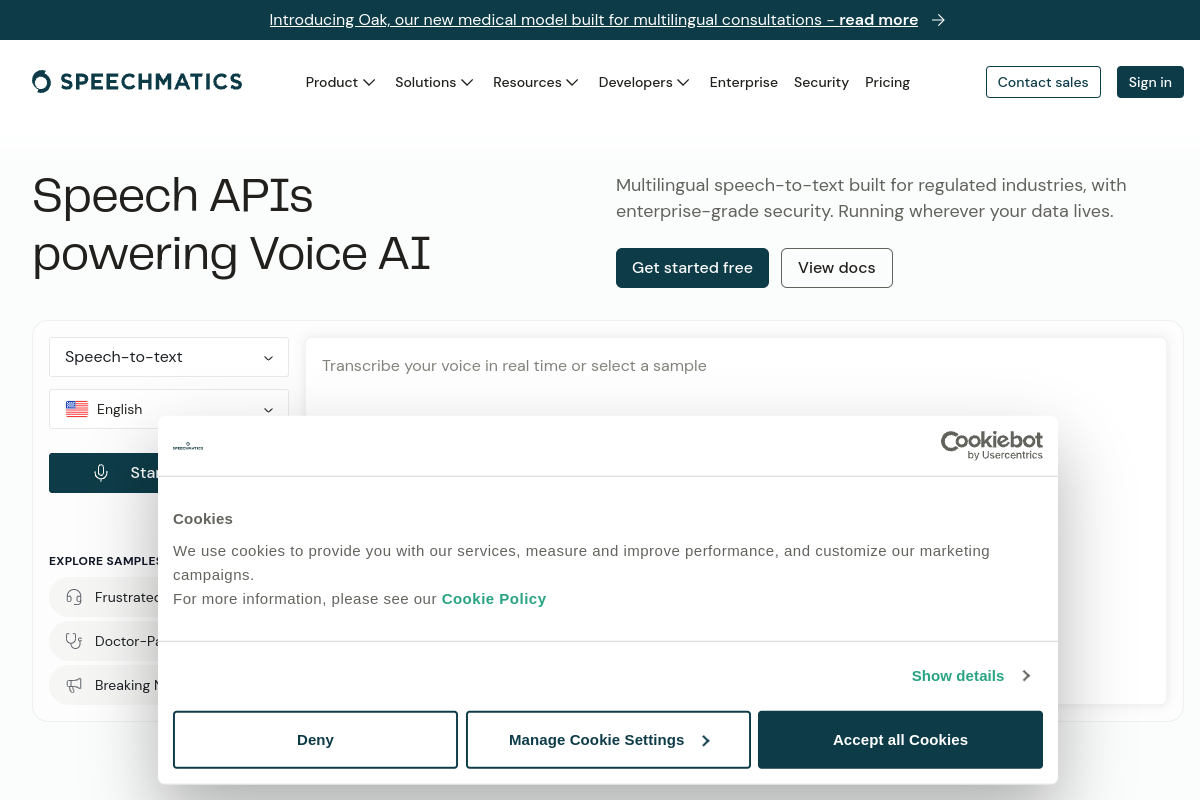 Screenshot of the Speechmatics website