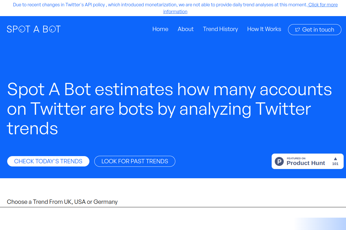 Screenshot of the Spot a Bot website