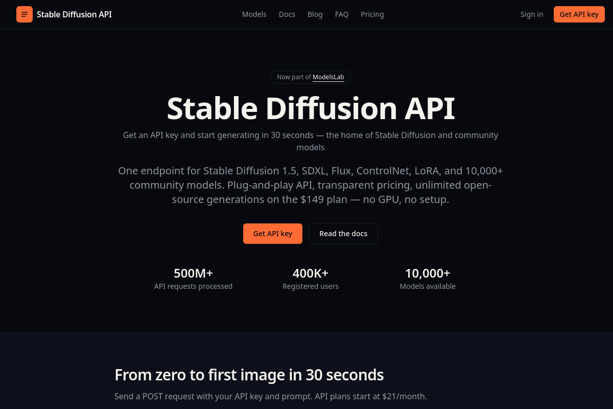 Screenshot of the Stable Diffusion API website