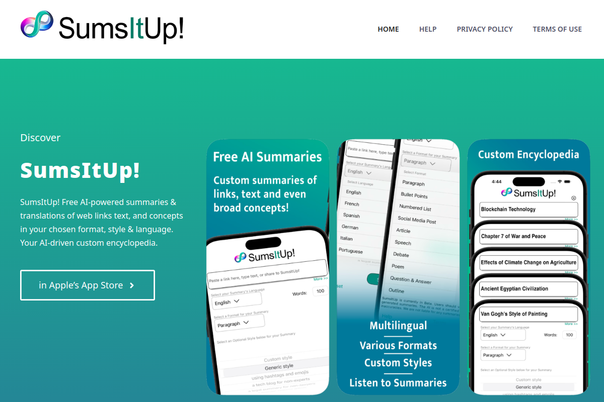 Screenshot of the SumsItUp website