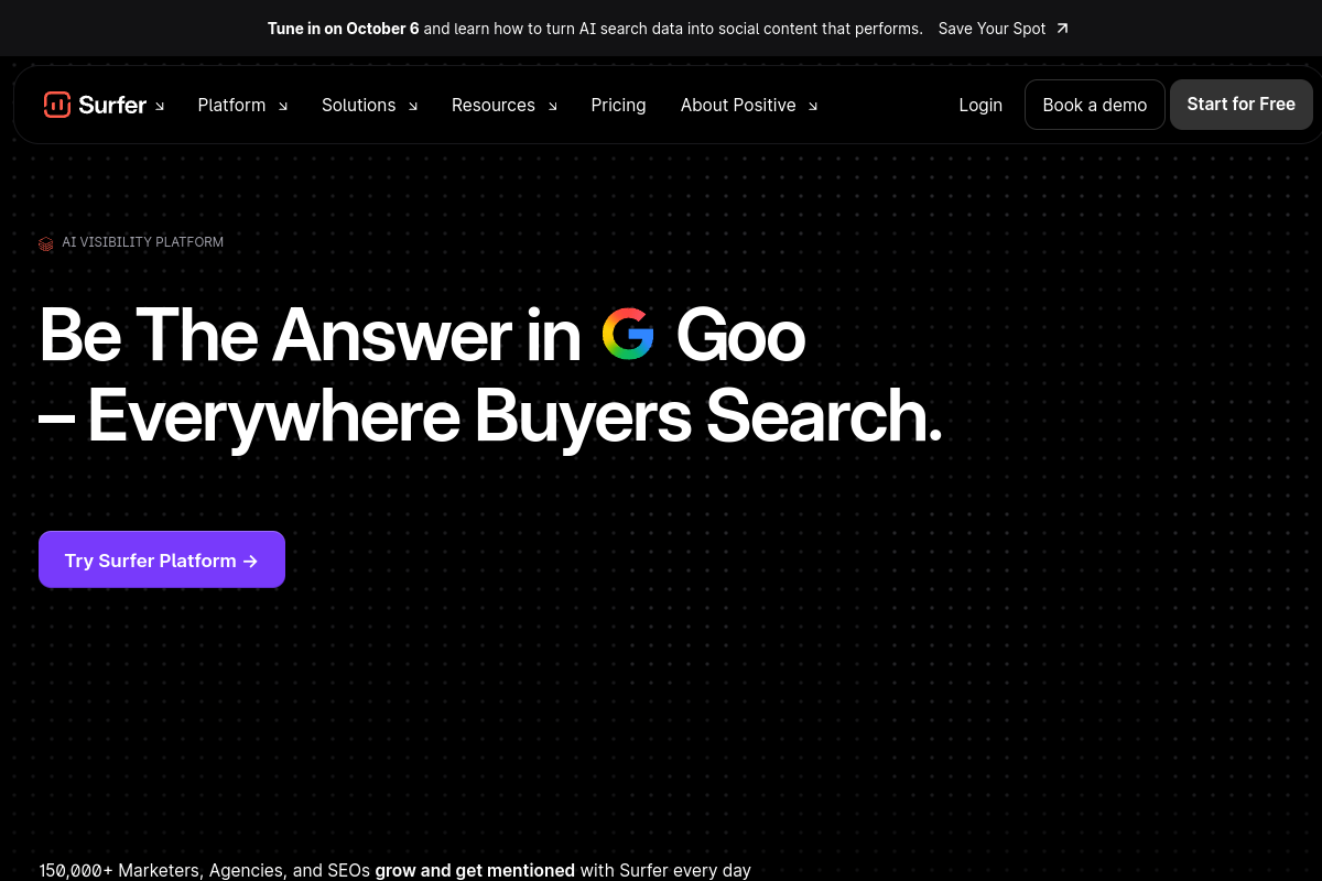 Screenshot of the SurferSEO website
