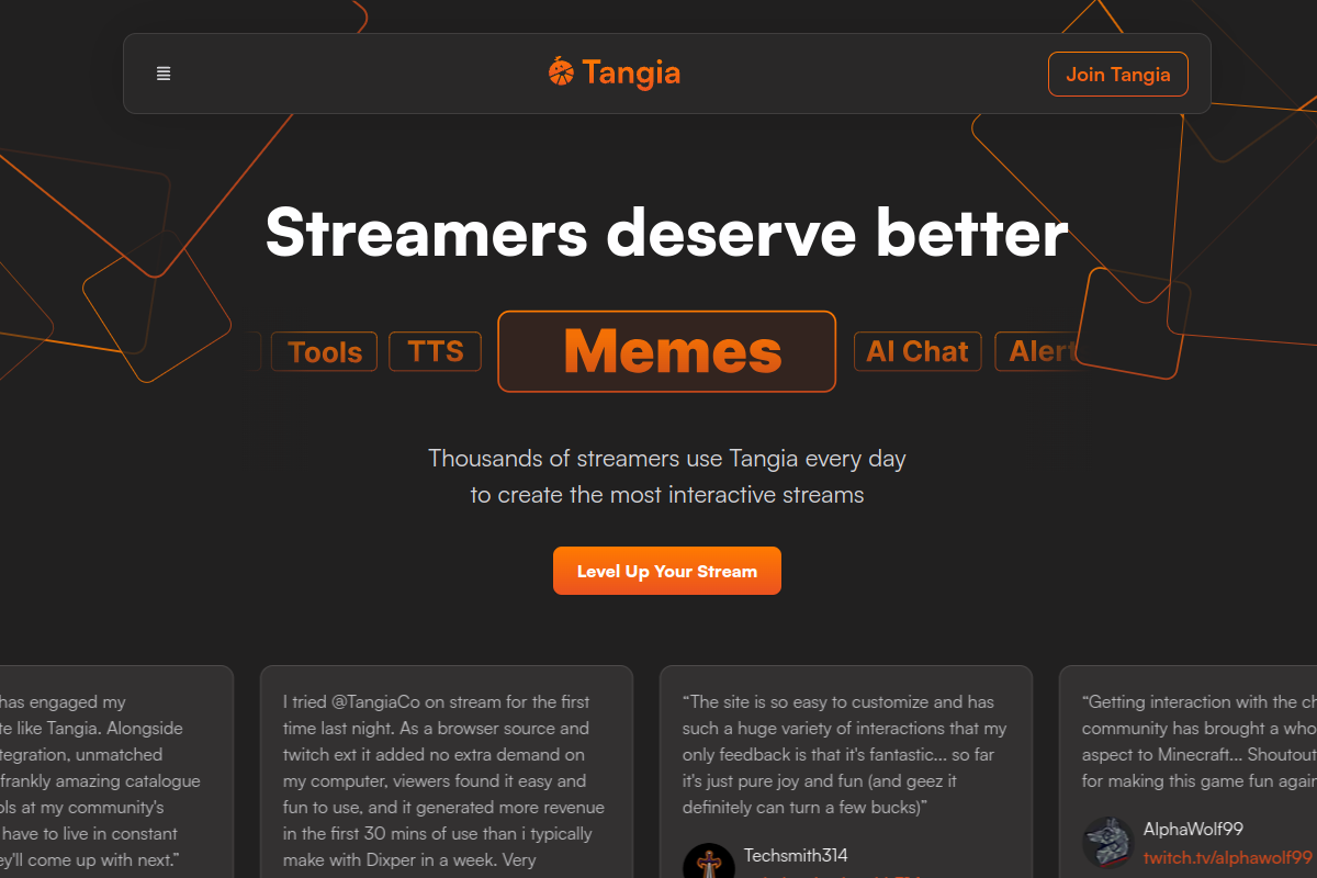 Screenshot of the Tangia website