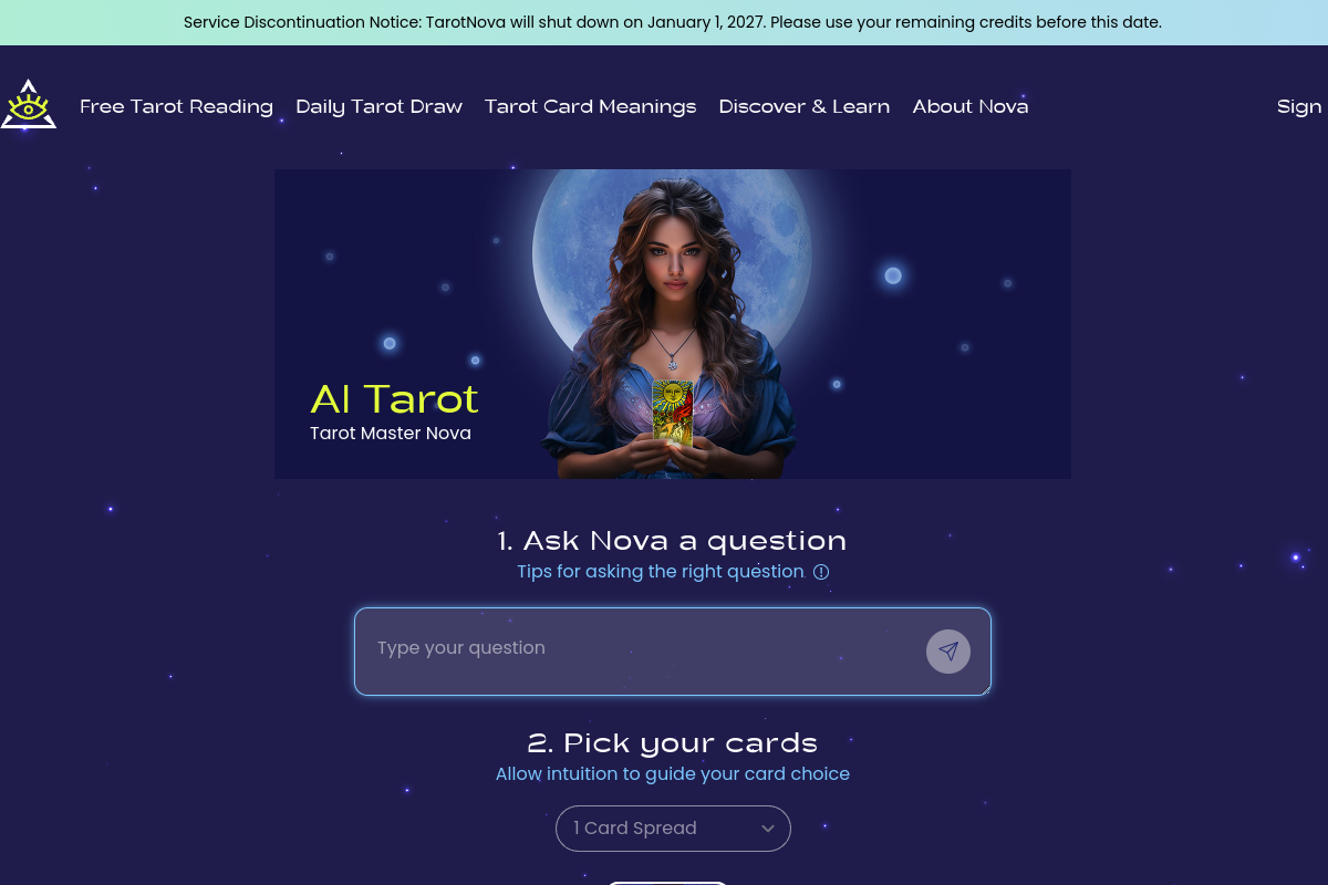 Screenshot of the Tarotnova website