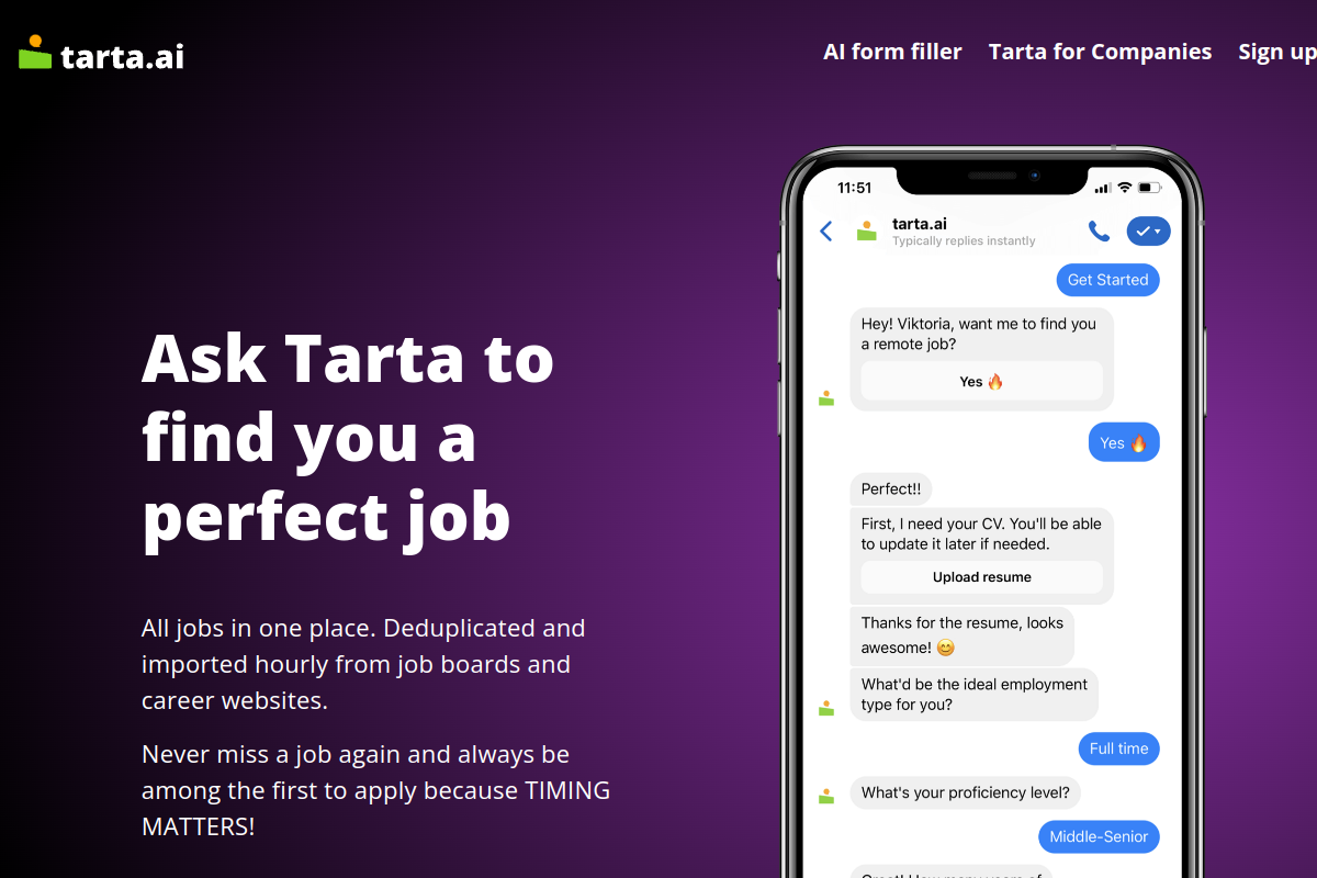 Screenshot of the Tarta website