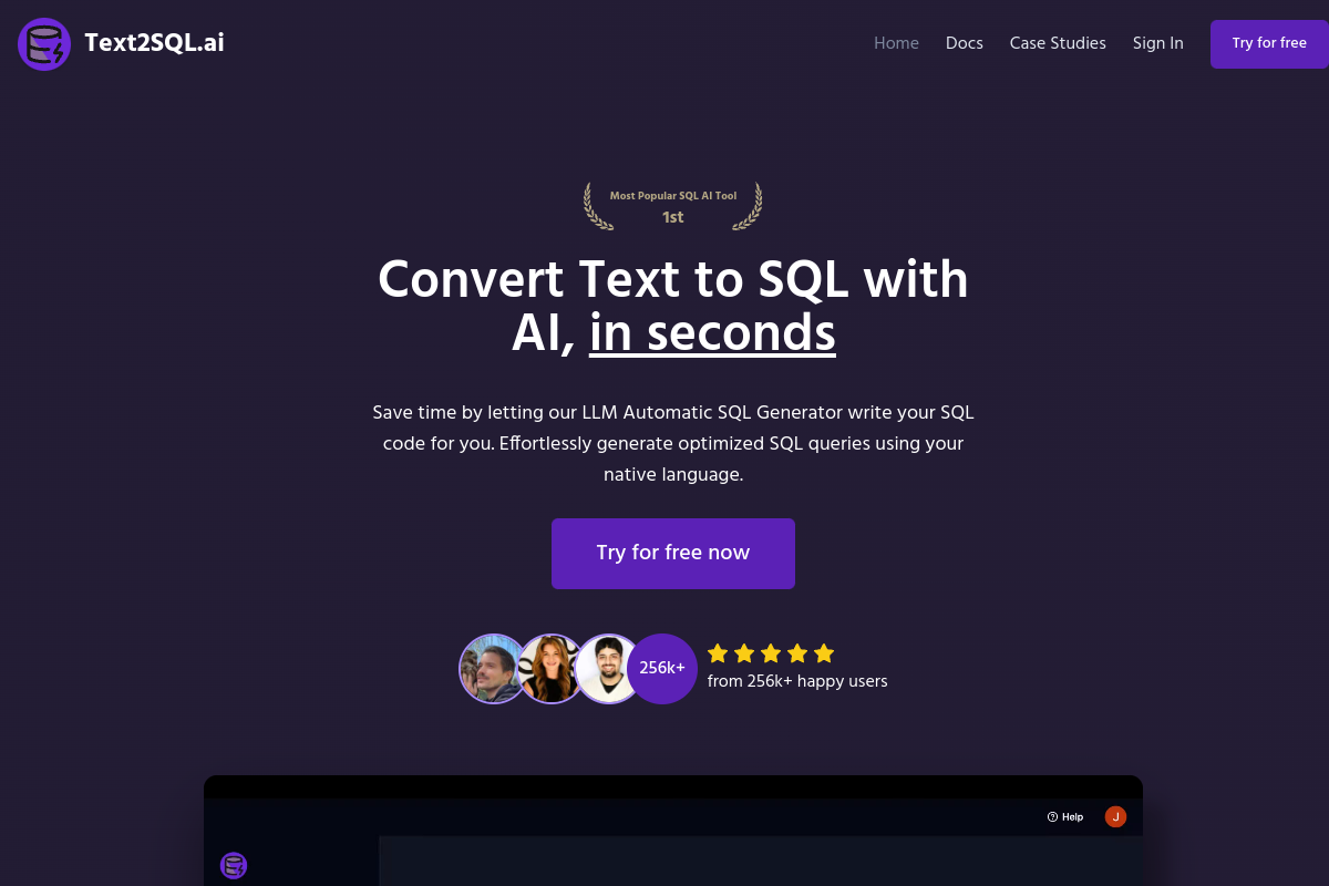 Screenshot of the Text2SQL website