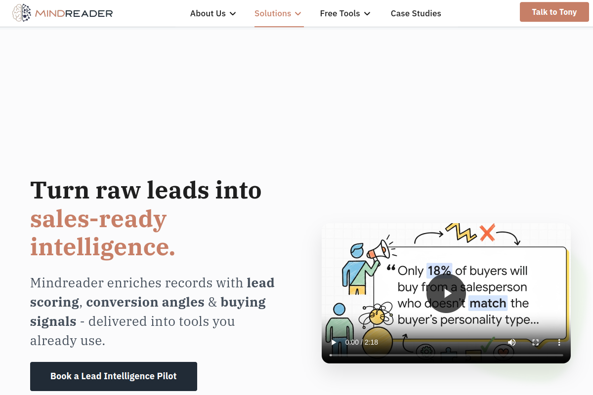 Screenshot of the Mindreader website