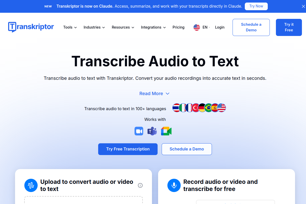 Screenshot of the Transkriptor website