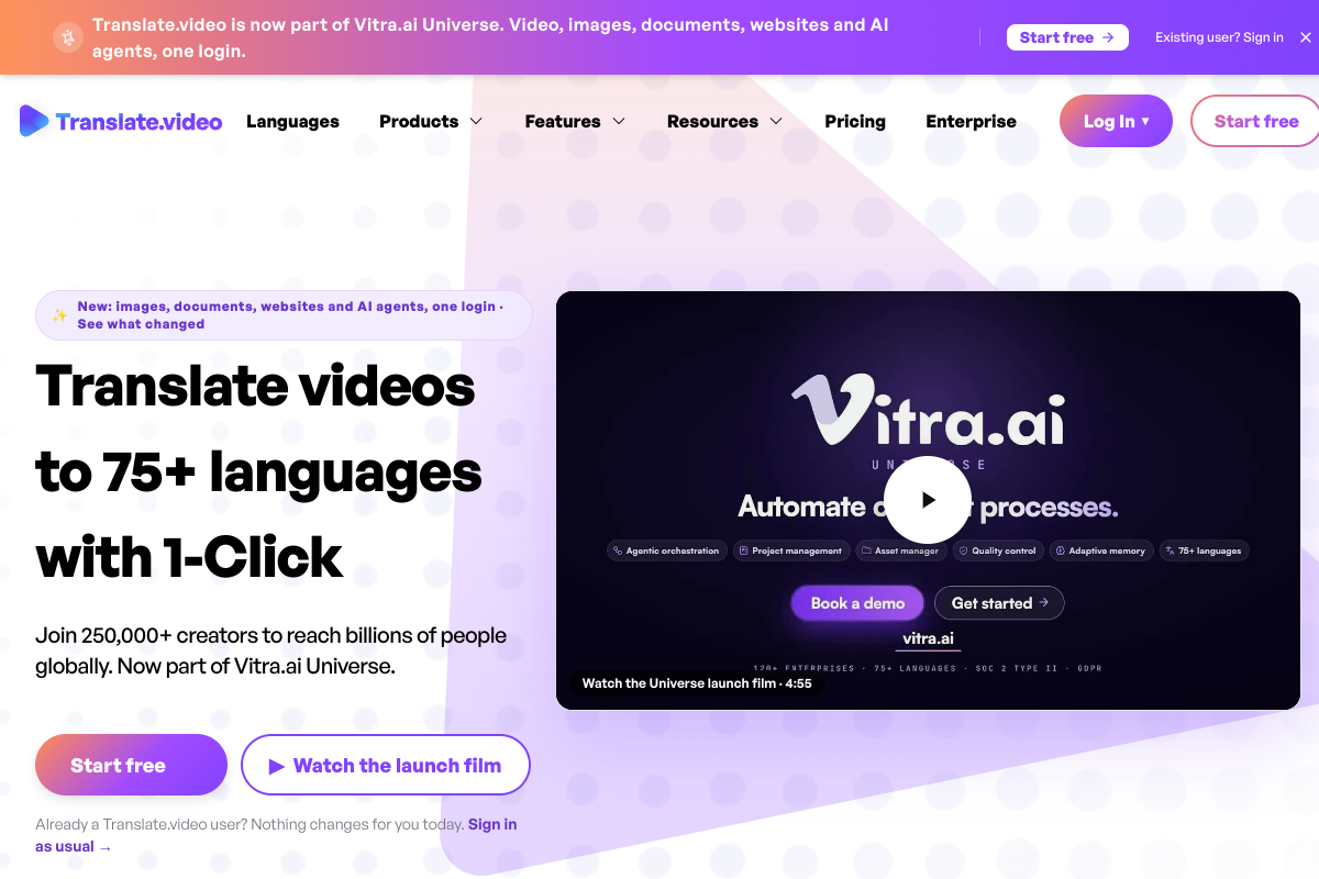 Screenshot of the TranslateVideo website