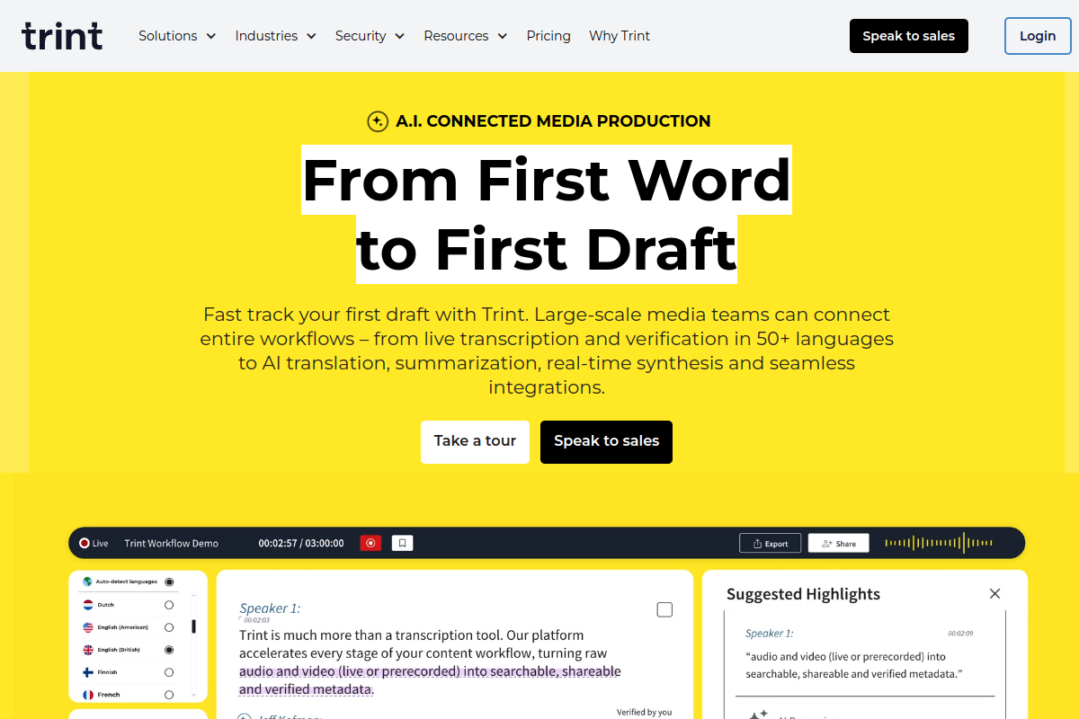 Screenshot of the Trint website