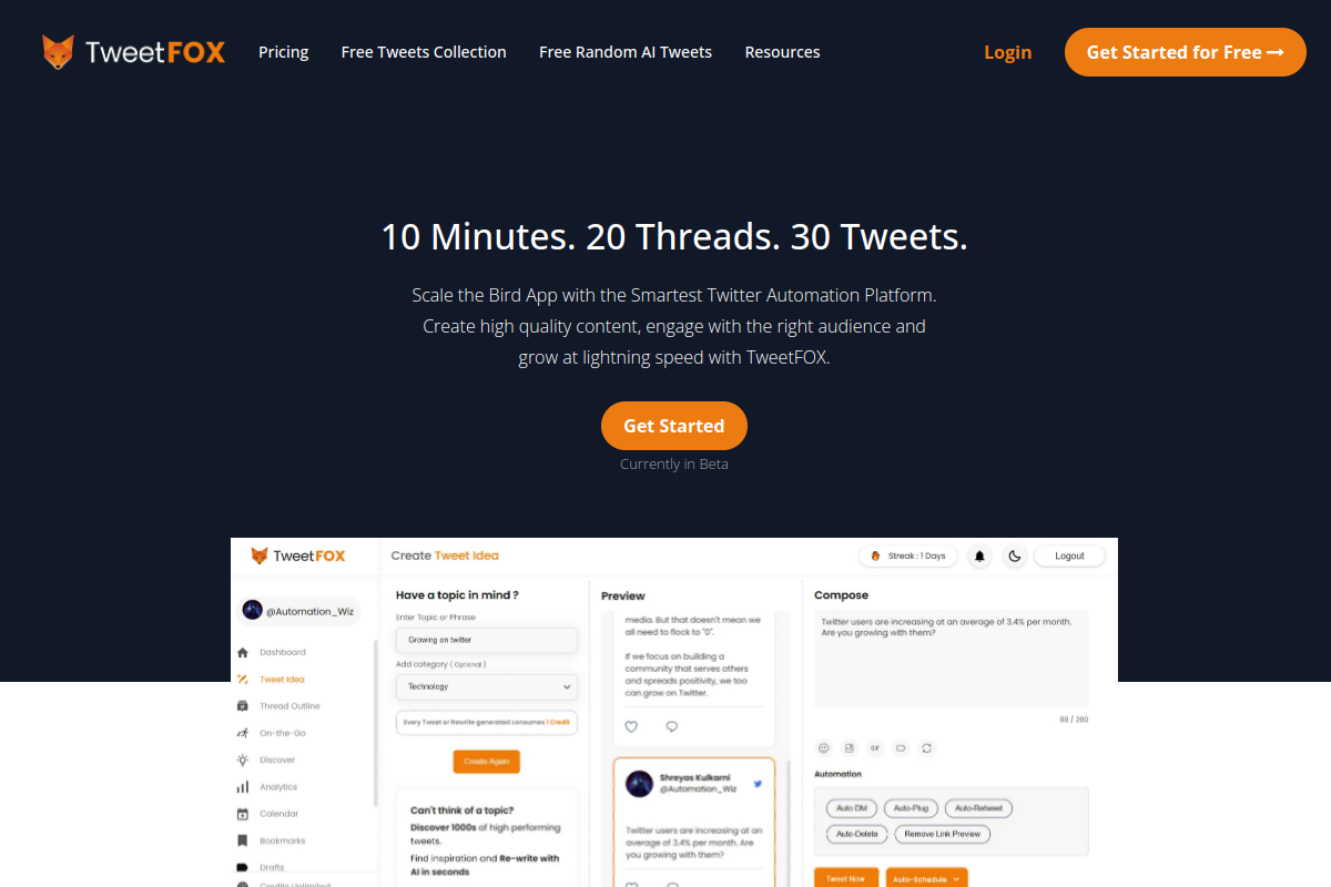 Screenshot of the Tweetfox website