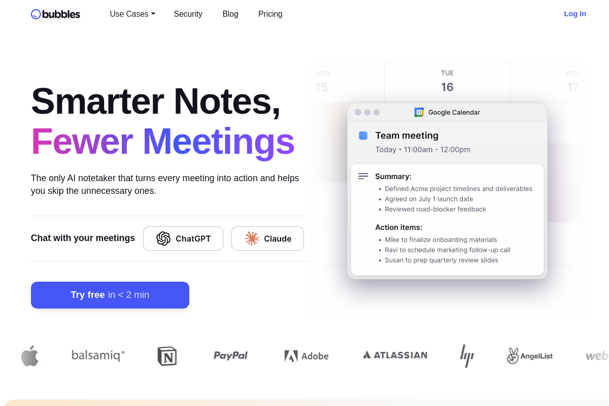 Screenshot of the Bubbles Notetaker website