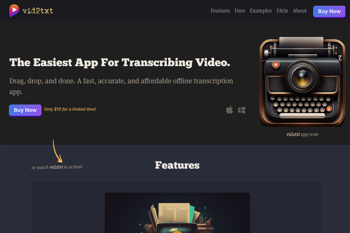 Screenshot of the Vid2txt website