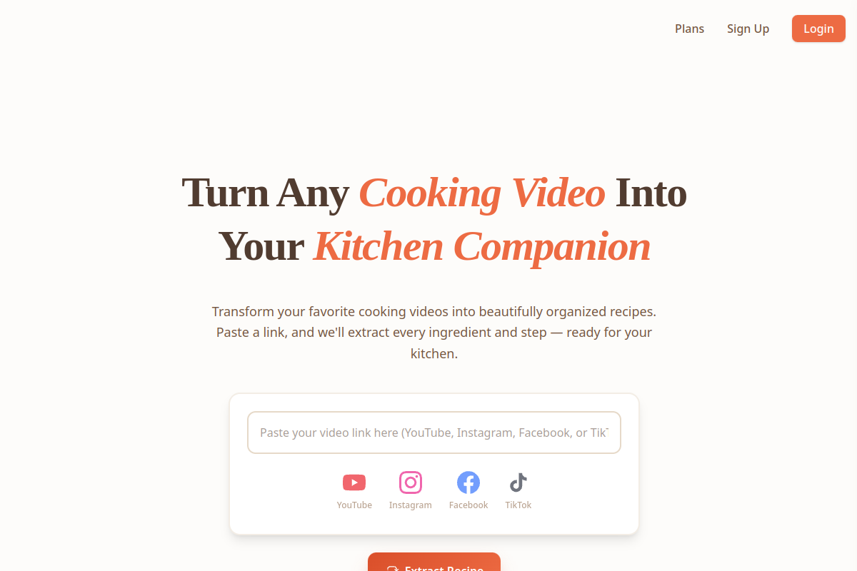 Screenshot of the Video2Recipe website