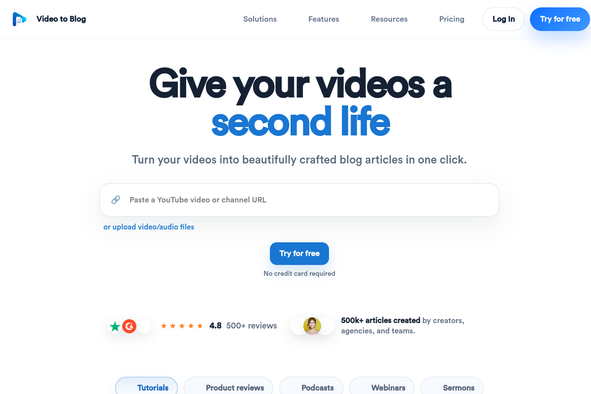 Screenshot of the Video To Blog website