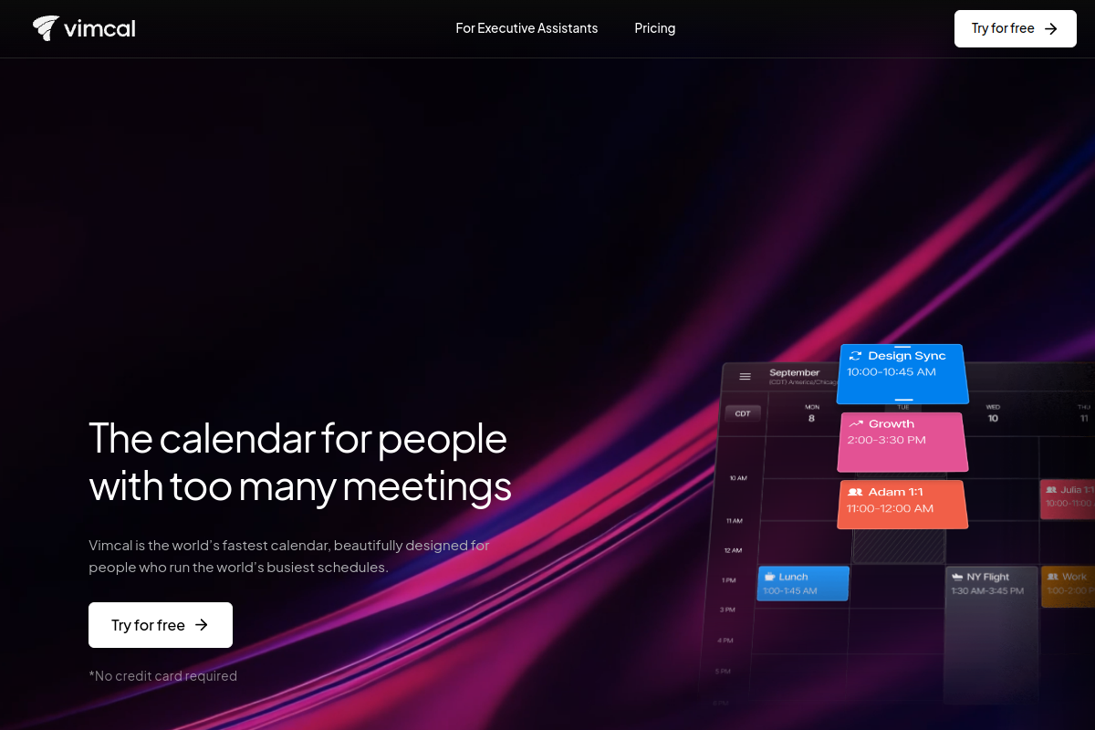 Screenshot of the Vimcal website