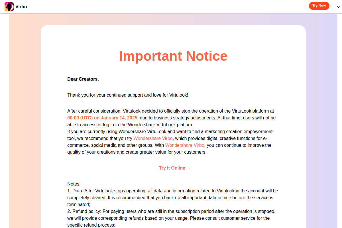 Screenshot of the Virtulook website