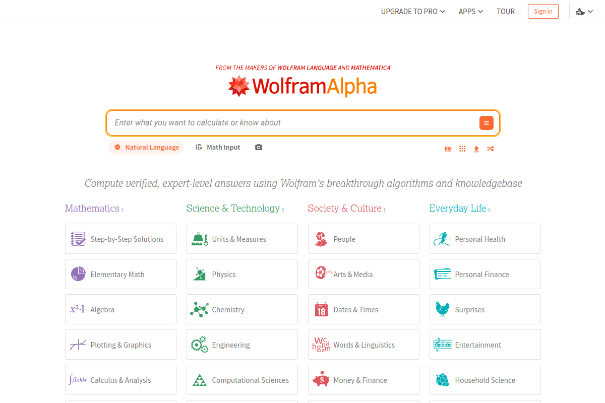Screenshot of the Wolframalpha website