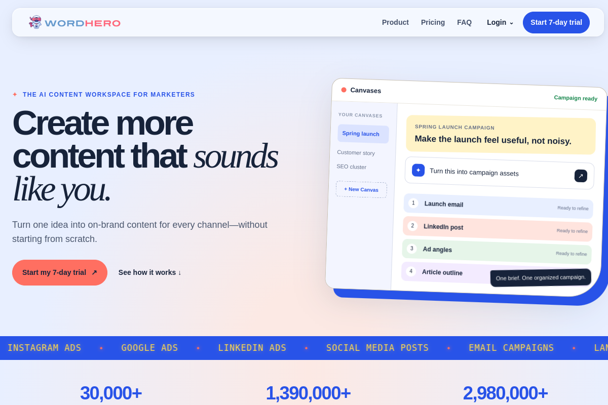 Screenshot of the WordHero website