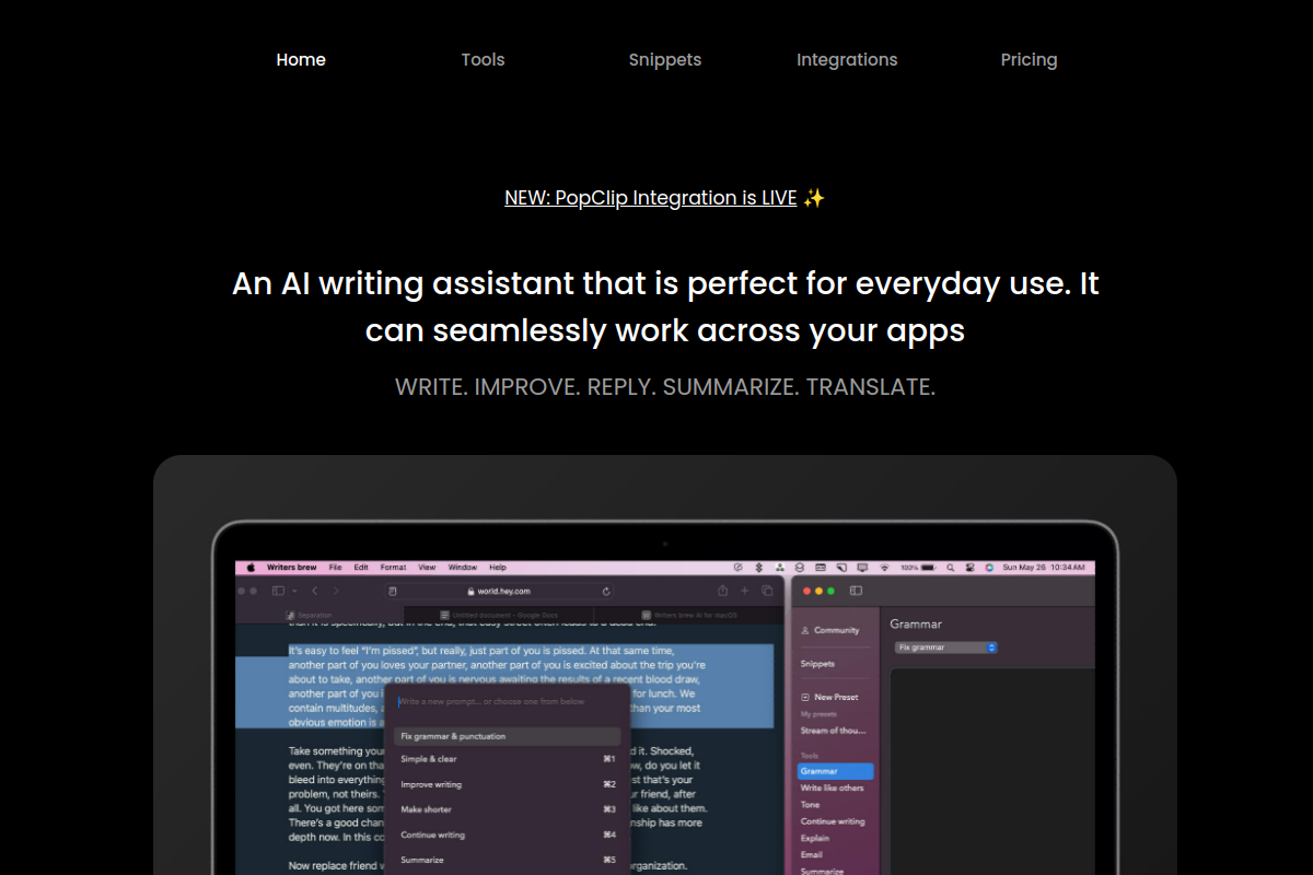 Screenshot of the Writers brew website