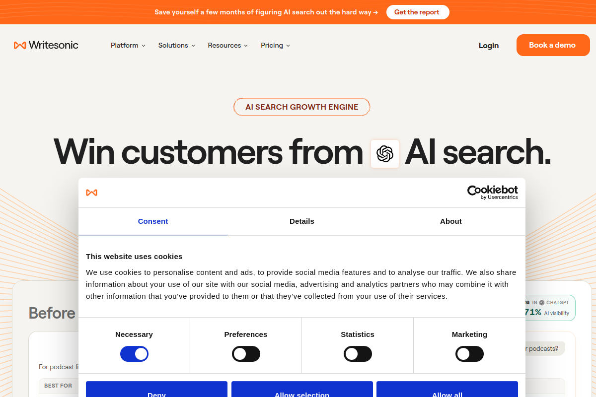Screenshot of the Writesonic website