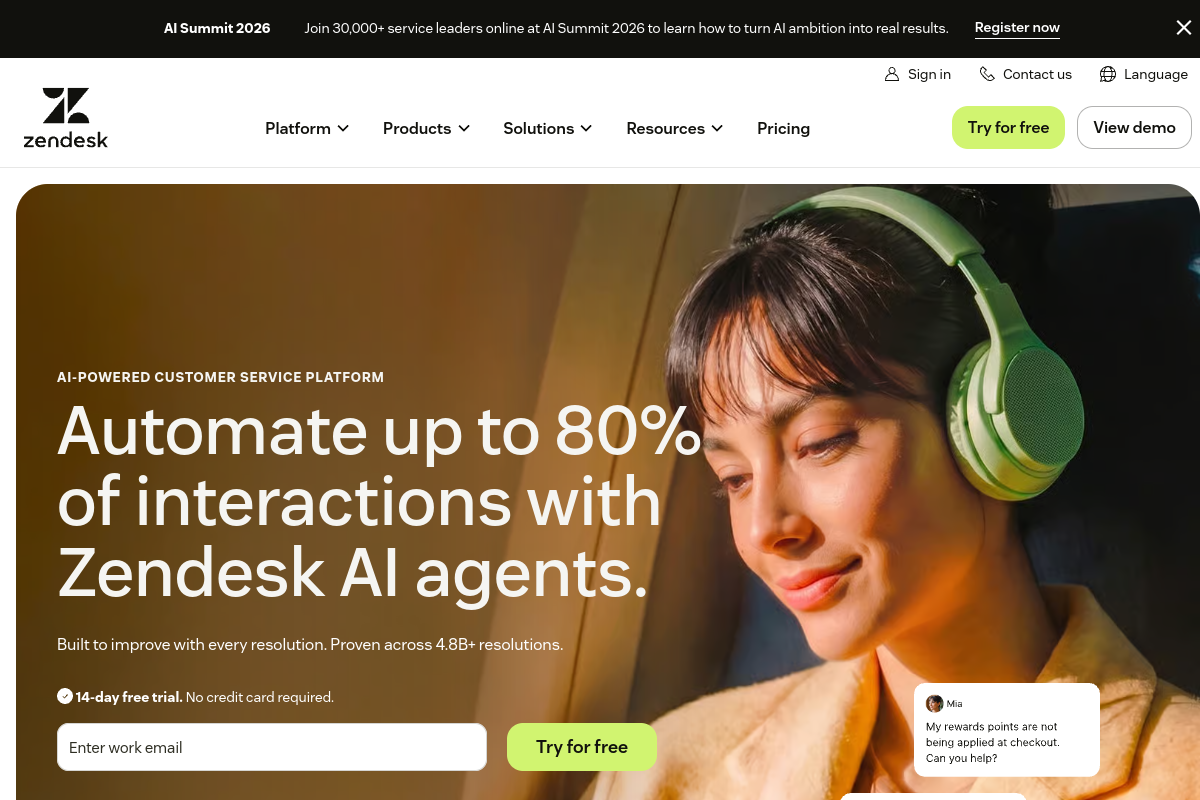 Screenshot of the Zendesk Service Suite website